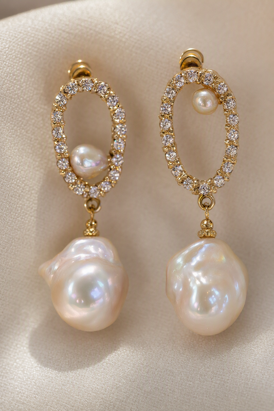 Close-up of High Luster Freshwater Pearl drop earrings showing pearl luster, nacre and craftsmanship detail