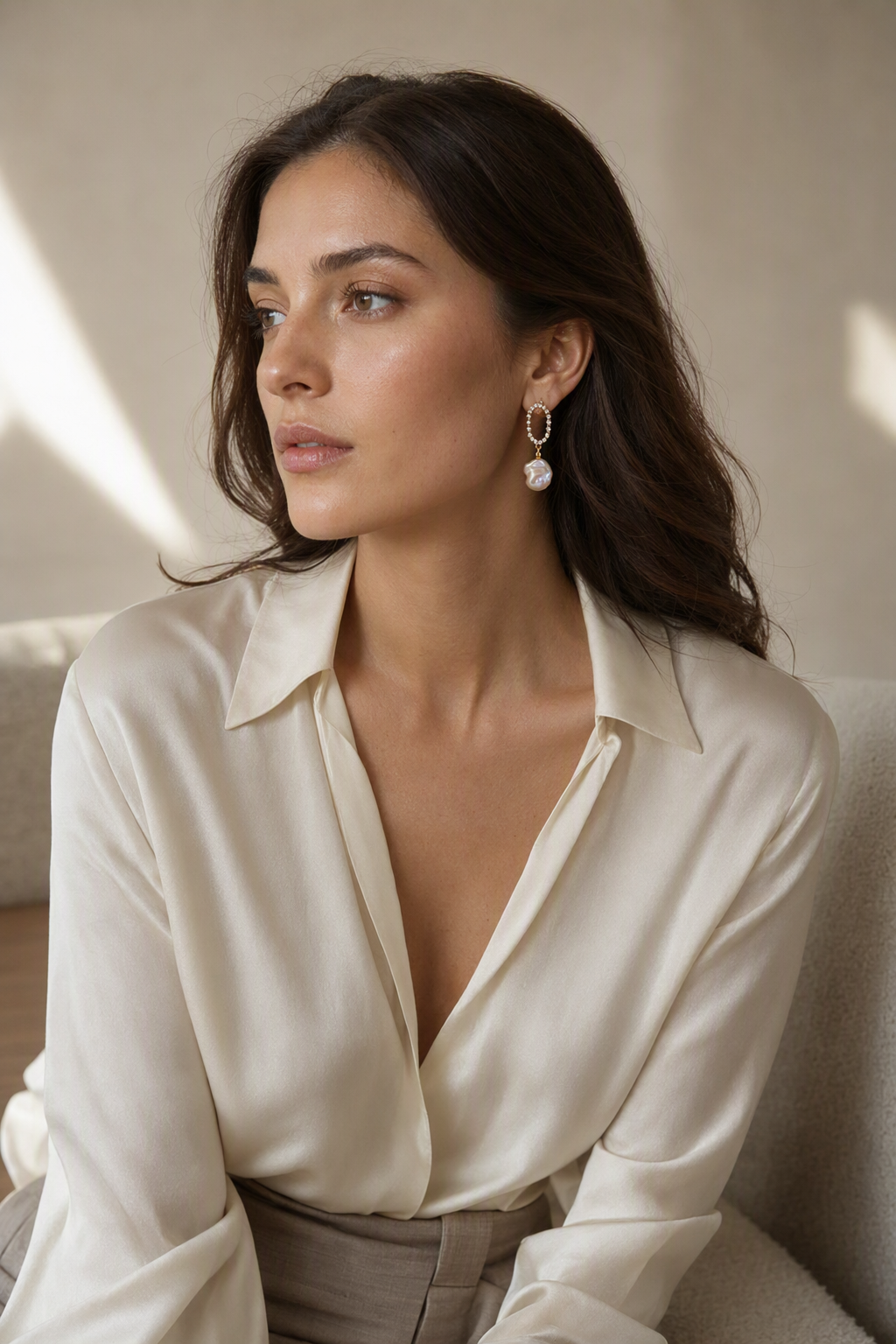 High Luster Freshwater Pearl drop earrings in a complete luxury outfit styling context