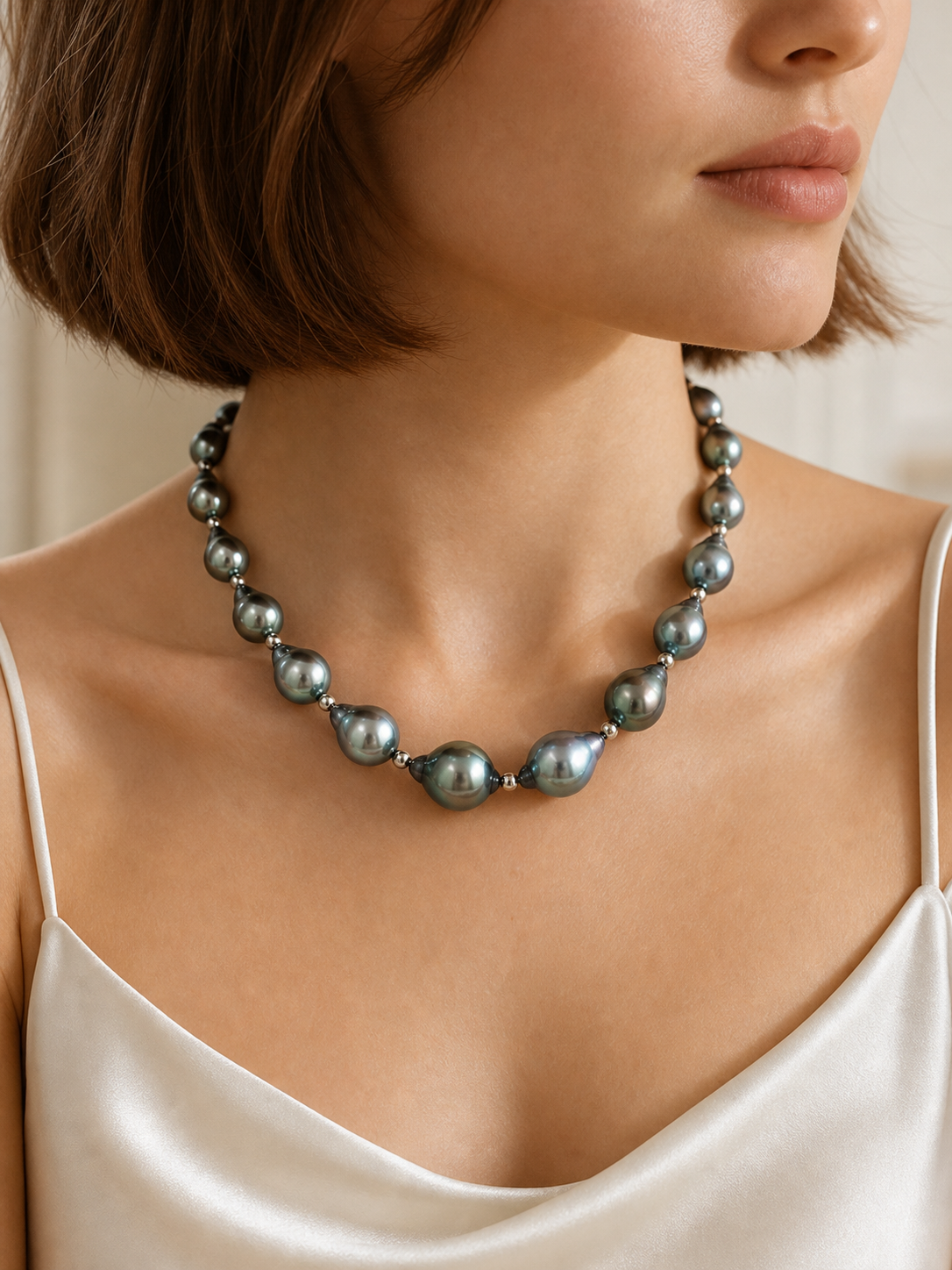 Model wearing black Tahitian pearl necklace with mirror-like luster and large baroque pearls