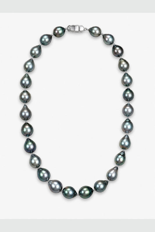 Black Tahitian pearl necklace with mirror-like luster and real cultured baroque pearls shapes
