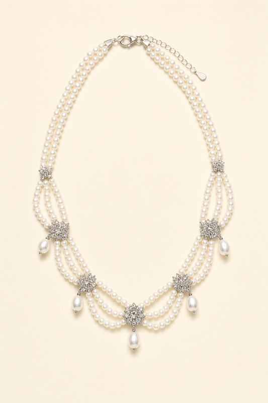 Mirror Luster 3–4 mm / 6–10 mm Freshwater Pearl necklace on a cream white background