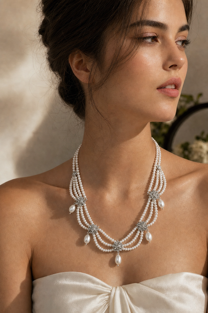 Model wearing Mirror Luster 3–4 mm / 6–10 mm Freshwater Pearl necklace naturally at the neckline