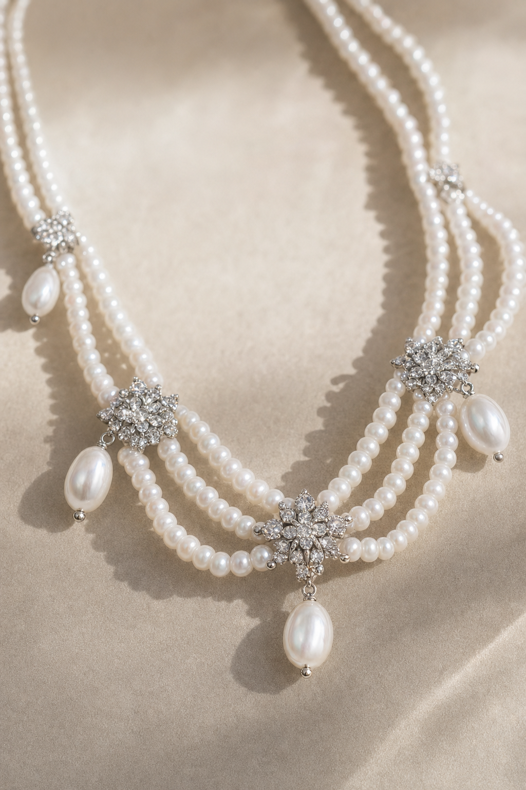 Close-up of Mirror Luster 3–4 mm / 6–10 mm Freshwater Pearl necklace showing pearl luster, nacre and craftsmanship detail