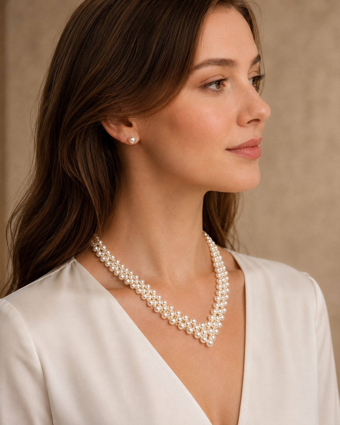 close up of 3-4mm freshwater pearls with mirror like luster on necklace