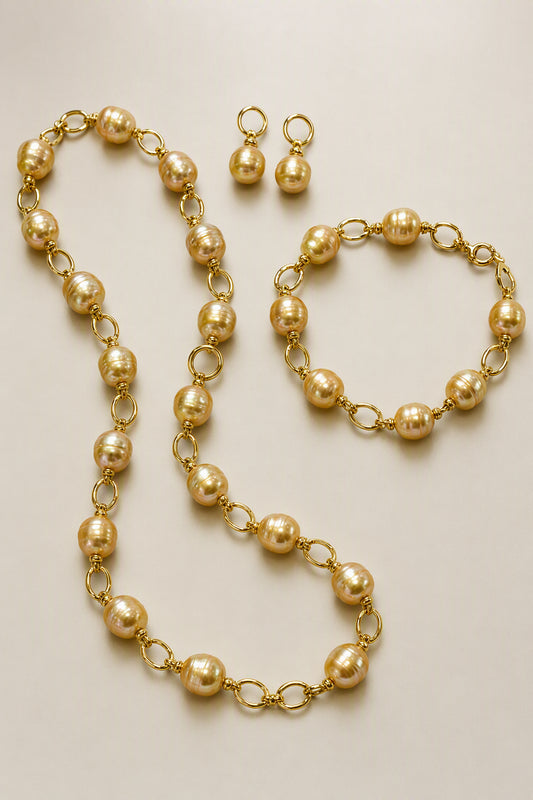 Golden South Sea Pearl Necklace Bracelet and Earrings Set — product view