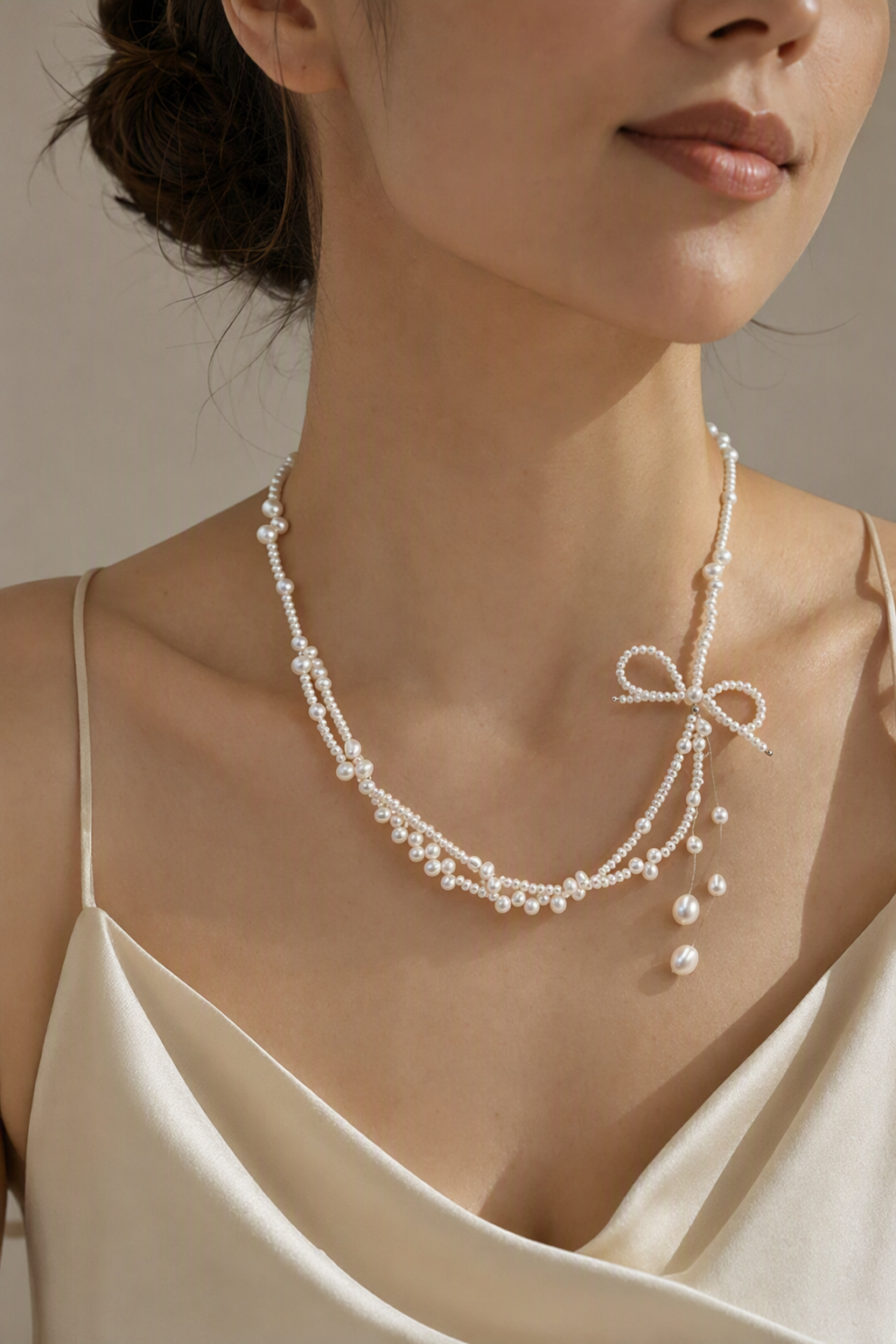 Model wearing 3–4 mm and 5–6 mm Freshwater Pearl necklace naturally at the neckline