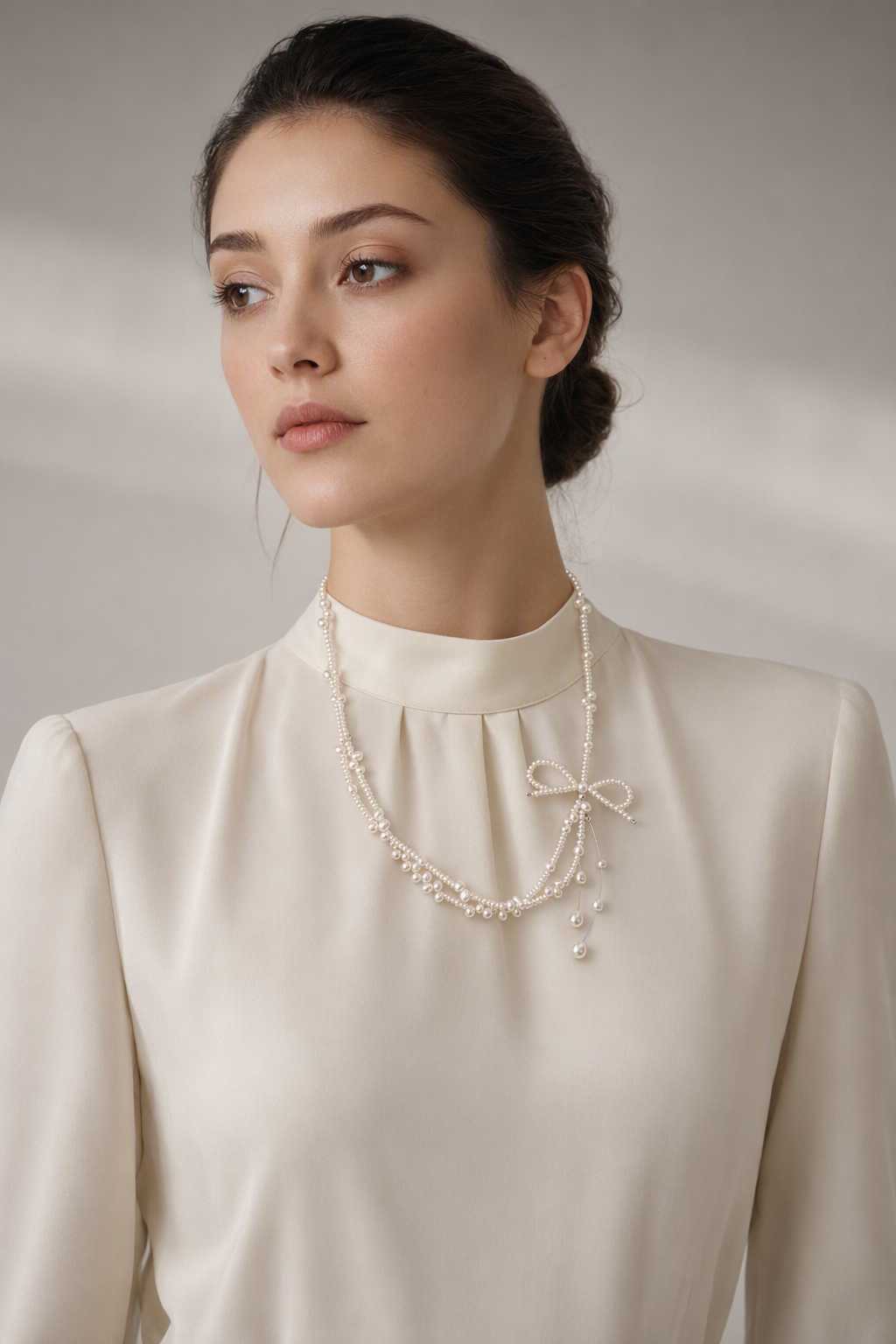 3–4 mm and 5–6 mm Freshwater Pearl necklace in a complete luxury outfit styling context