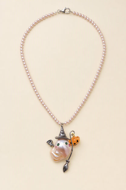 Witch Ghost with Pumpkin and Broom Halloween baroque pearl pendant with a pink small pearl necklace by Pearlivo