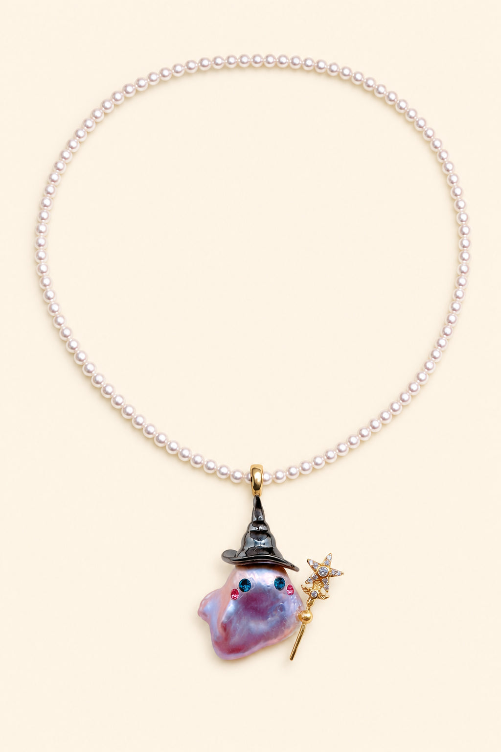 Witch Hat with Star Wand Halloween baroque pearl pendant with a pink small pearl necklace by Pearlivo