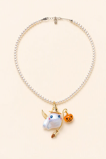 Halloween Witch Ghost Halloween baroque pearl pendant with a white small pearl necklace by Pearlivo