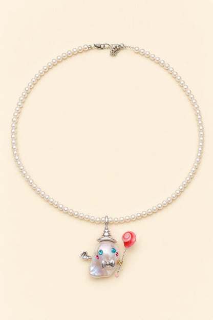 Bow and Lollipop Ghost Halloween baroque pearl pendant with a white small pearl necklace by Pearlivo