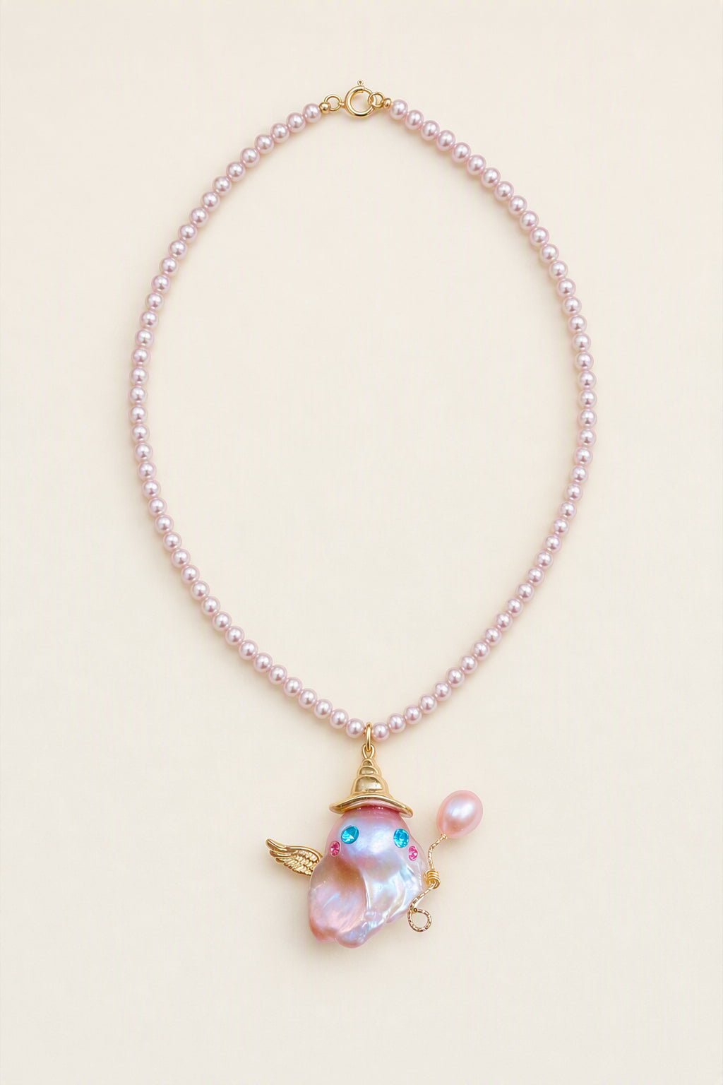 Winged Unicorn Ghost with Balloon Halloween baroque pearl pendant with a pink small pearl necklace by Pearlivo