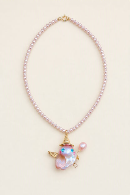 Winged Unicorn Ghost with Balloon Halloween baroque pearl pendant with a pink small pearl necklace by Pearlivo