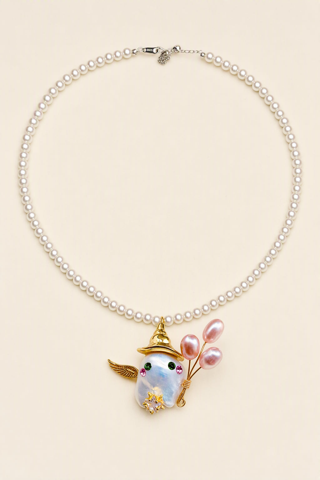 Winged Ghost with Pink Pearl Stems Halloween baroque pearl pendant with a white small pearl necklace by Pearlivo
