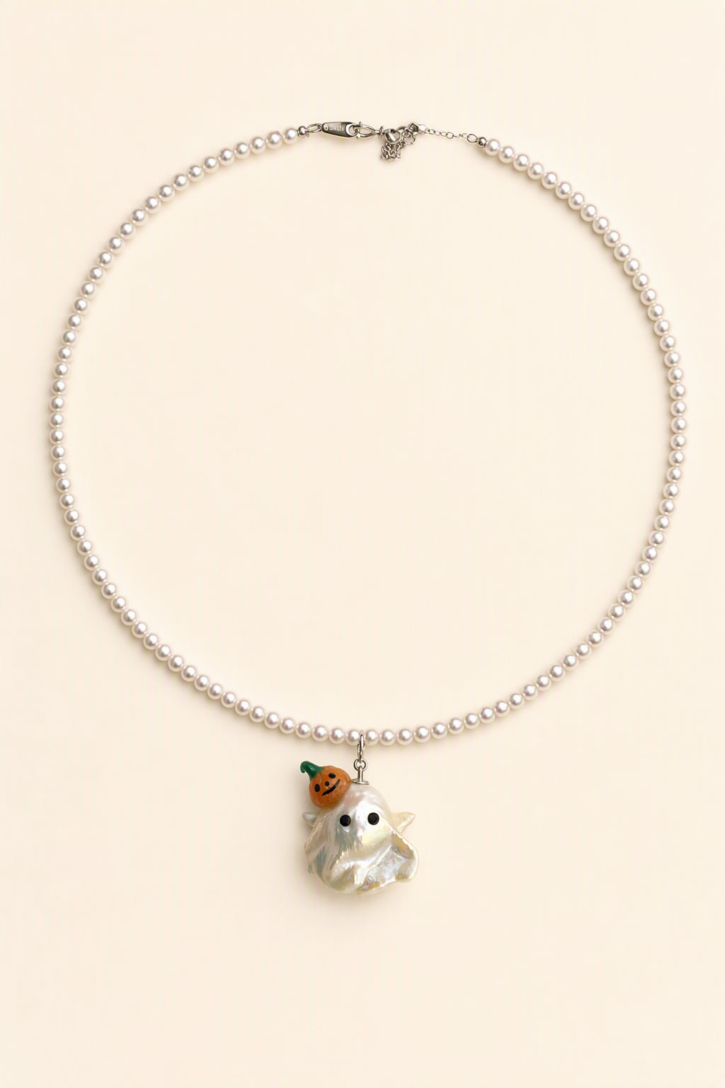 Pumpkin Hat Ghost Halloween baroque pearl pendant with a white small pearl necklace by Pearlivo