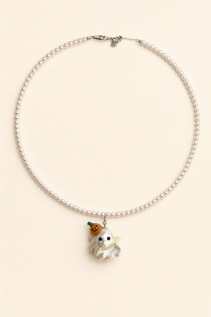 Pumpkin Hat Ghost Halloween baroque pearl pendant with a white small pearl necklace by Pearlivo