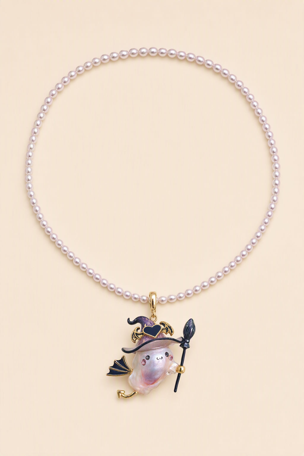 Bat Wing Witch Ghost Halloween baroque pearl pendant with a pink small pearl necklace by Pearlivo