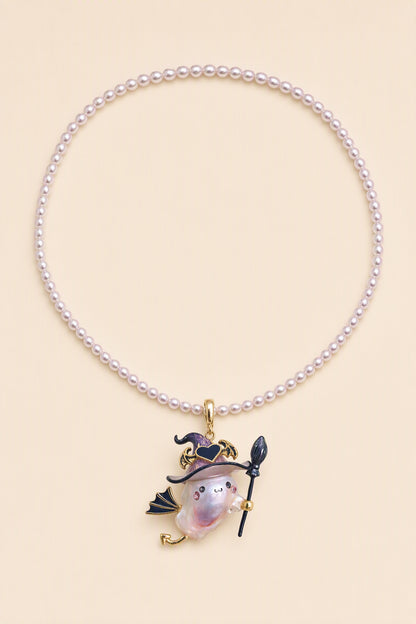 Bat Wing Witch Ghost Halloween baroque pearl pendant with a pink small pearl necklace by Pearlivo