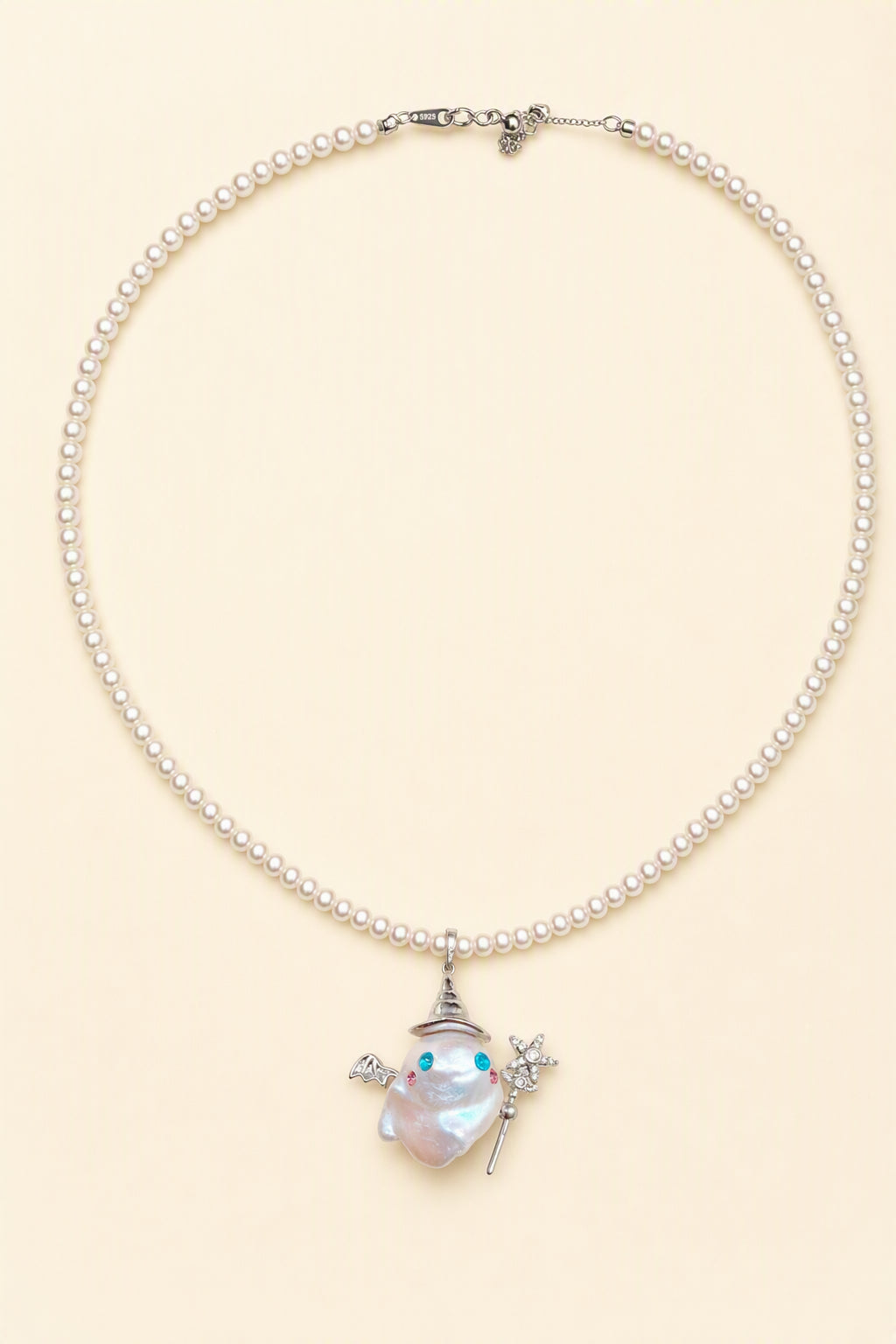 Whimsical Wizard Ghost Halloween baroque pearl pendant with a white small pearl necklace by Pearlivo