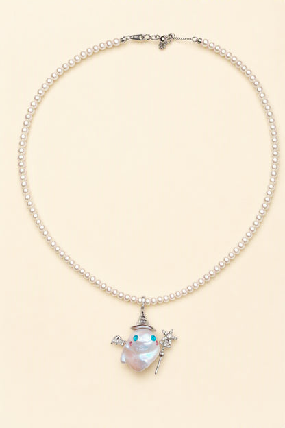 Whimsical Wizard Ghost Halloween baroque pearl pendant with a white small pearl necklace by Pearlivo