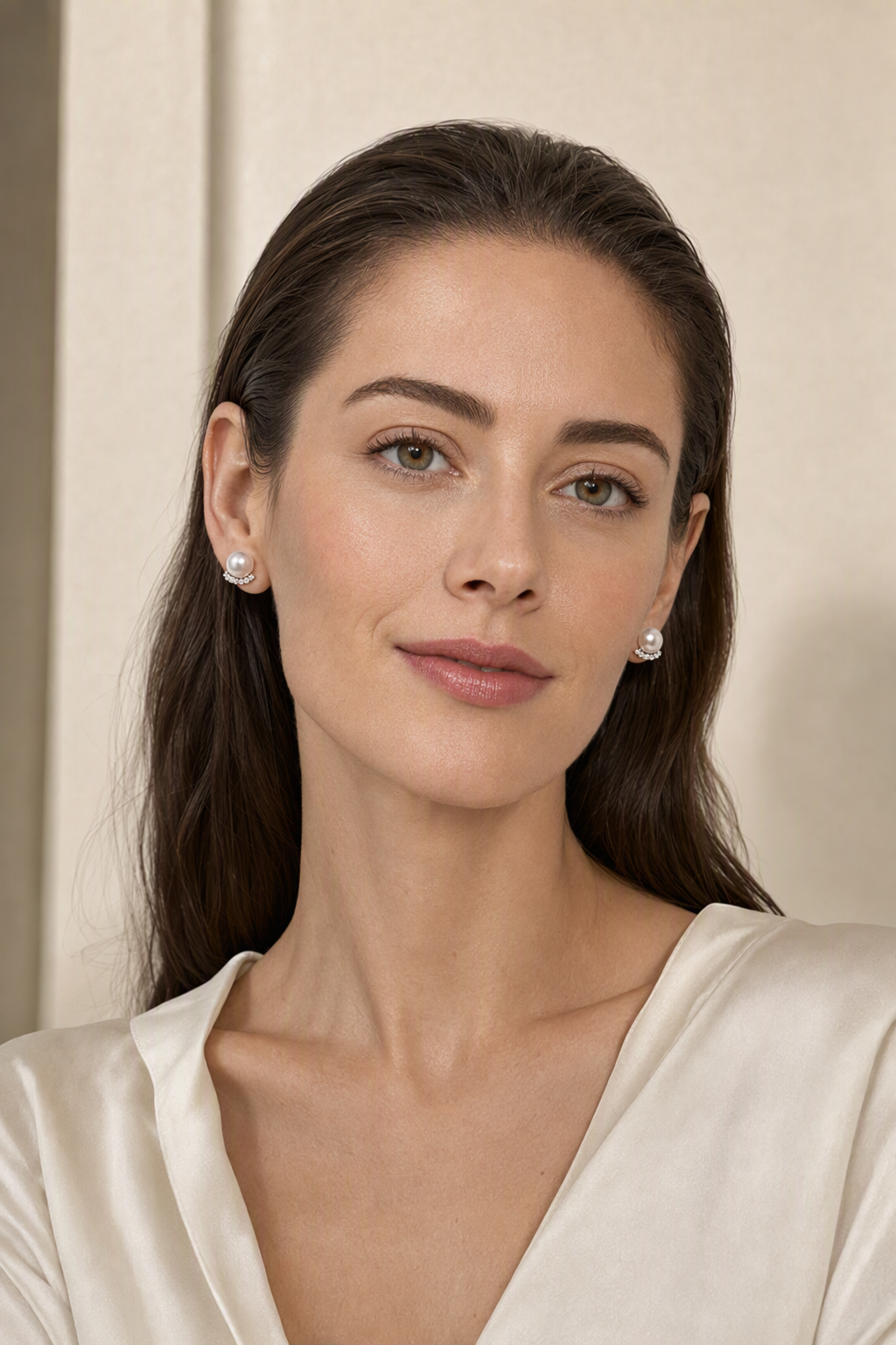 Model wearing Mirror Luster 10–13 mm Freshwater Pearl stud earrings naturally at the earlobe