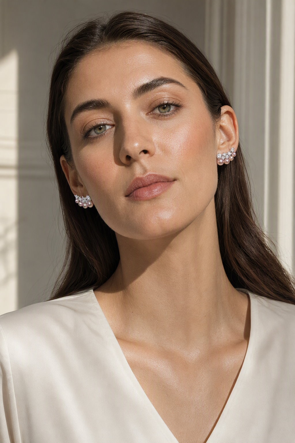 Model wearing Mirror Luster 3–8 mm Graduated Freshwater Pearl stud earrings naturally at the earlobe