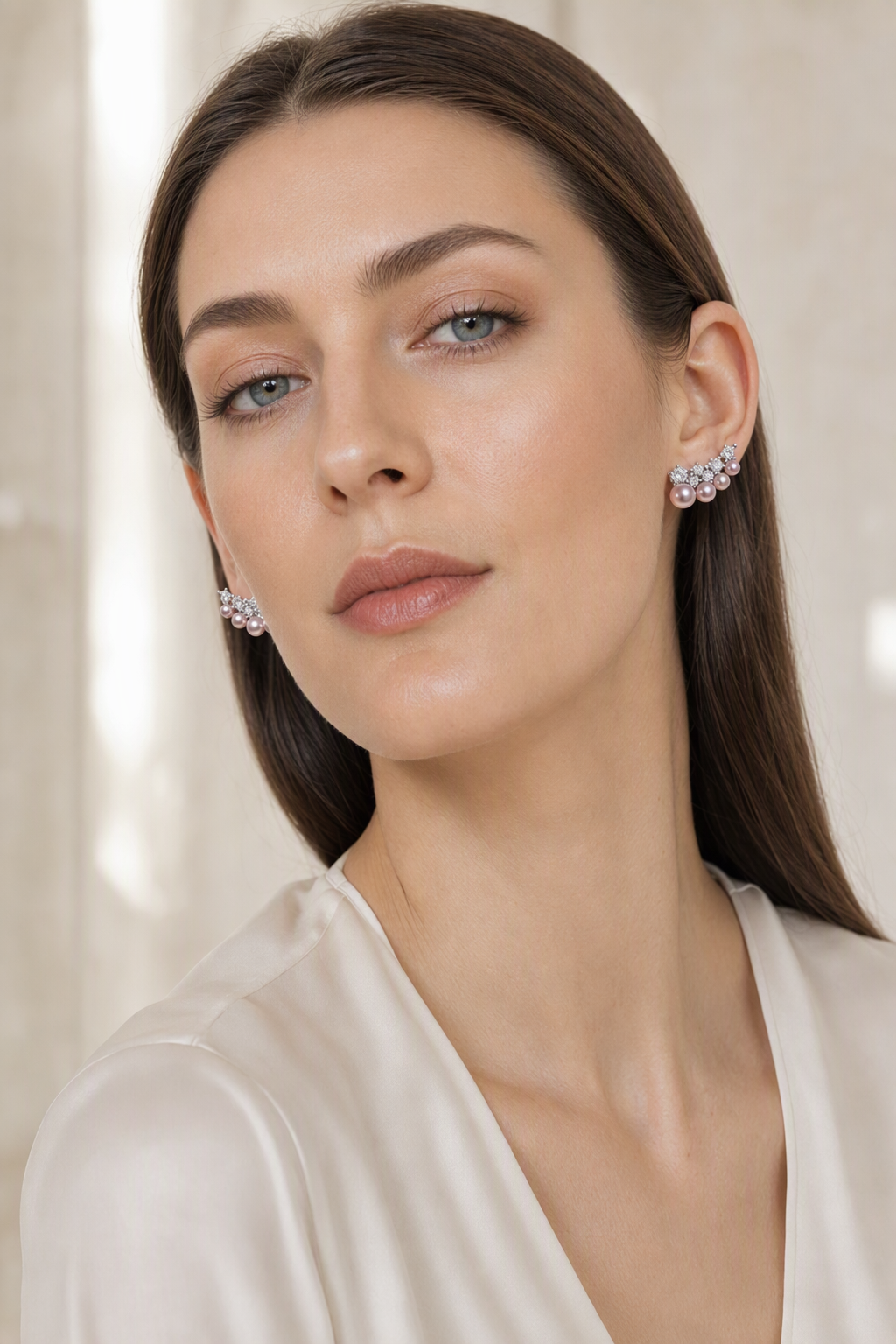 Close-up of Mirror Luster 3–8 mm Graduated Freshwater Pearl stud earrings showing pearl luster, nacre and craftsmanship detail
