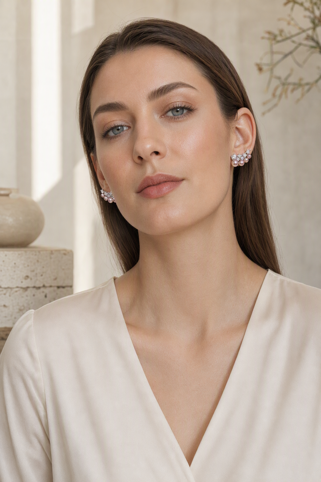 Mirror Luster 3–8 mm Graduated Freshwater Pearl stud earrings in an elegant still-life luxury setting