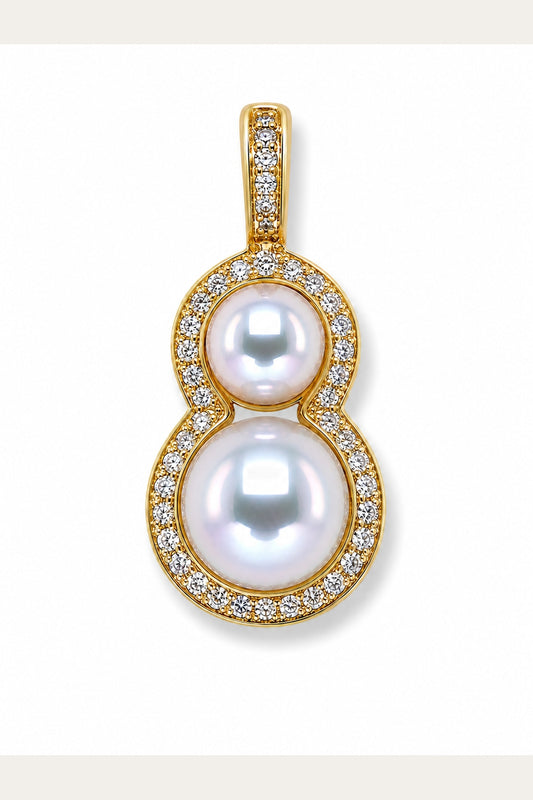Mirror-luster Akoya pearl pendant necklace with two genuine cultured pearls on white background