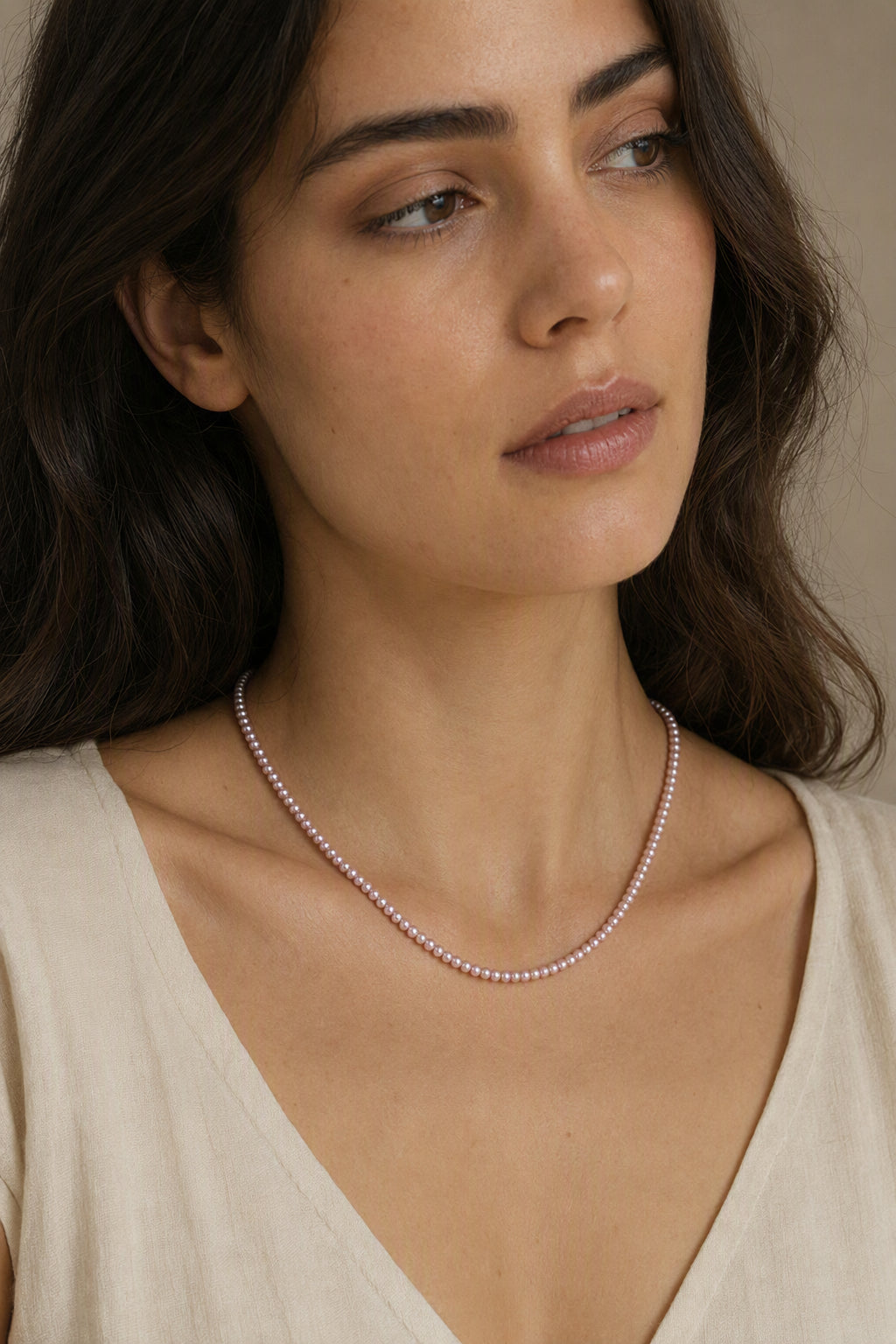 Mirror Luster 2–3mm Cultured Freshwater Pearl necklace in a complete luxury outfit styling context