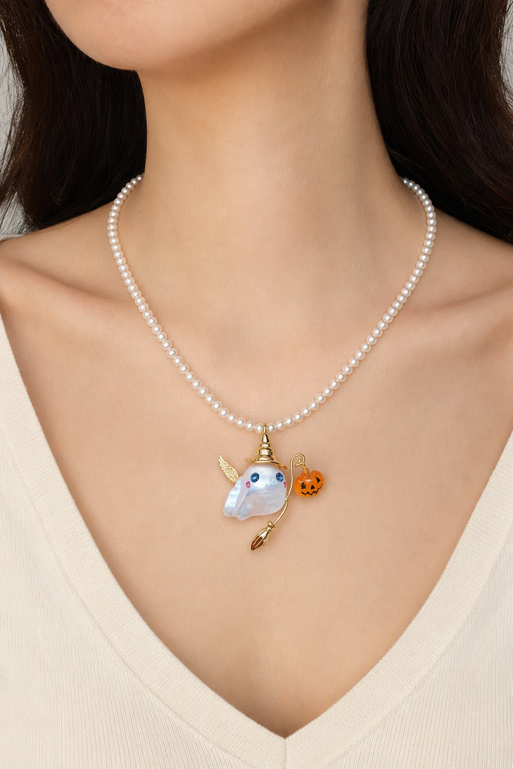Western model wearing the Halloween Witch Ghost Halloween baroque pearl pendant necklace by Pearlivo