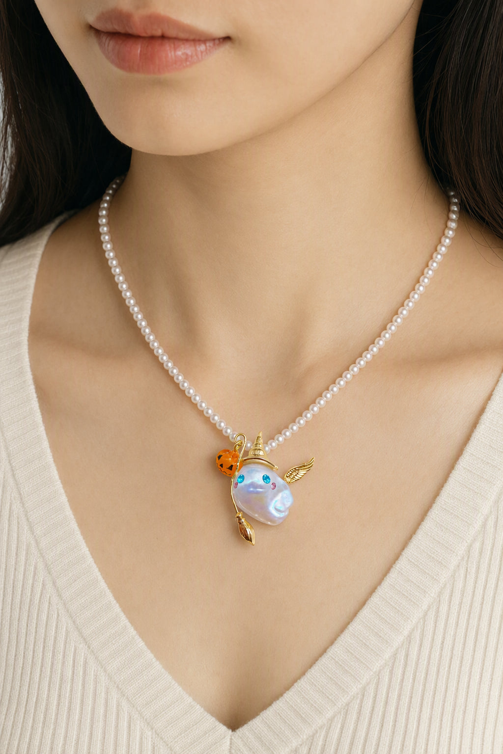 Western model wearing the Witch Ghost with Pumpkin Halloween baroque pearl pendant necklace by Pearlivo