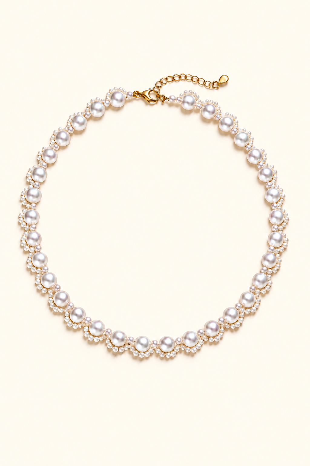 Mirror Luster Main pearls 5–6 mm; small pearls 2–3 mm Freshwater Pearl necklace on a cream white background