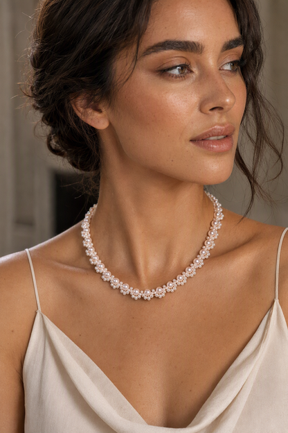 Model wearing Mirror Luster Main pearls 5–6 mm; small pearls 2–3 mm Freshwater Pearl necklace naturally at the neckline
