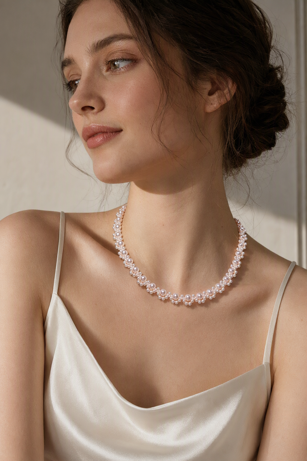 Mirror Luster Main pearls 5–6 mm; small pearls 2–3 mm Freshwater Pearl necklace at realistic wearing scale