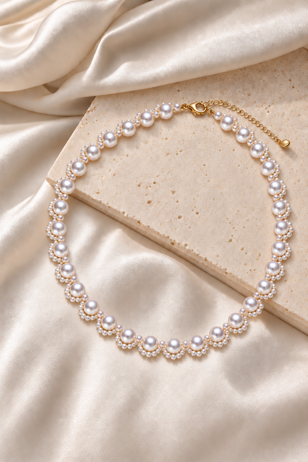 Mirror Luster Main pearls 5–6 mm; small pearls 2–3 mm Freshwater Pearl necklace in an elegant still-life luxury setting