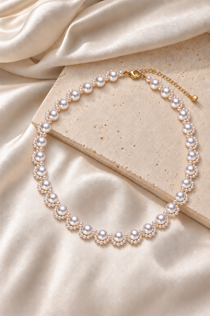 Mirror Luster Main pearls 5–6 mm; small pearls 2–3 mm Freshwater Pearl necklace in an elegant still-life luxury setting