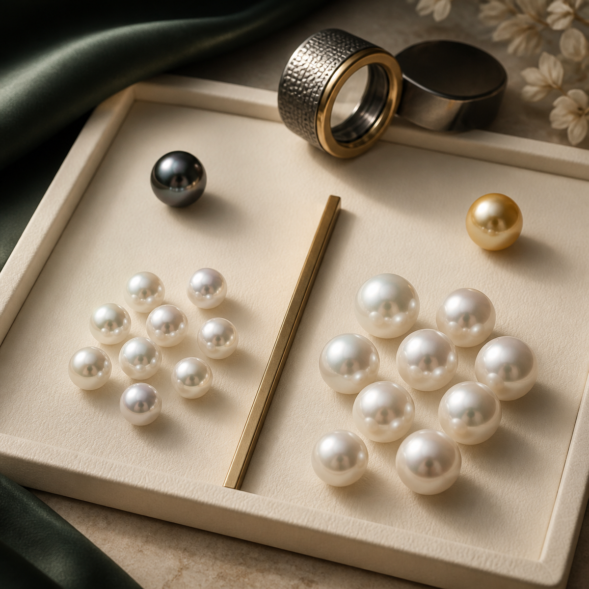 Editorial illustration comparing cultured pearl categories by size, luster and matching
