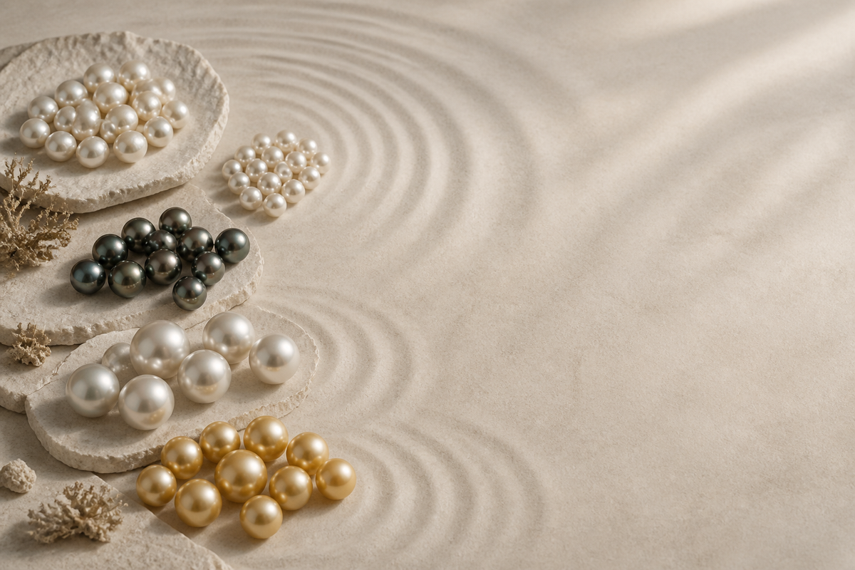 Editorial illustration of cultured pearl types including Freshwater, Akoya, Tahitian and South Sea pearls