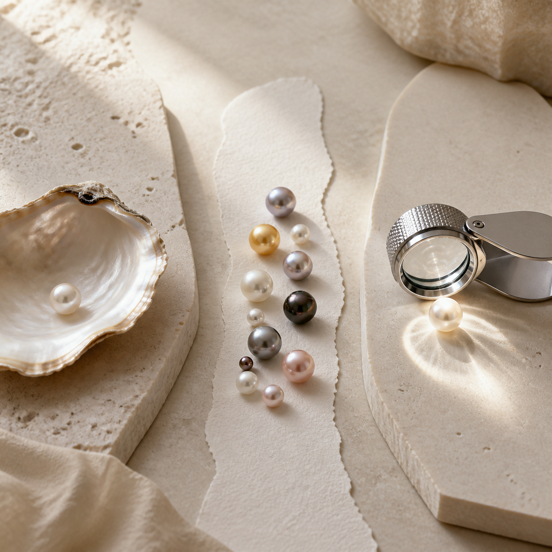 Editorial illustration representing pearl authenticity, pearl types and pearl quality