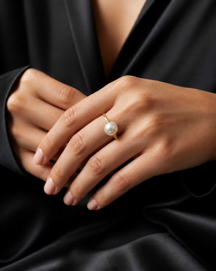 Real pearl ring styled with black silk