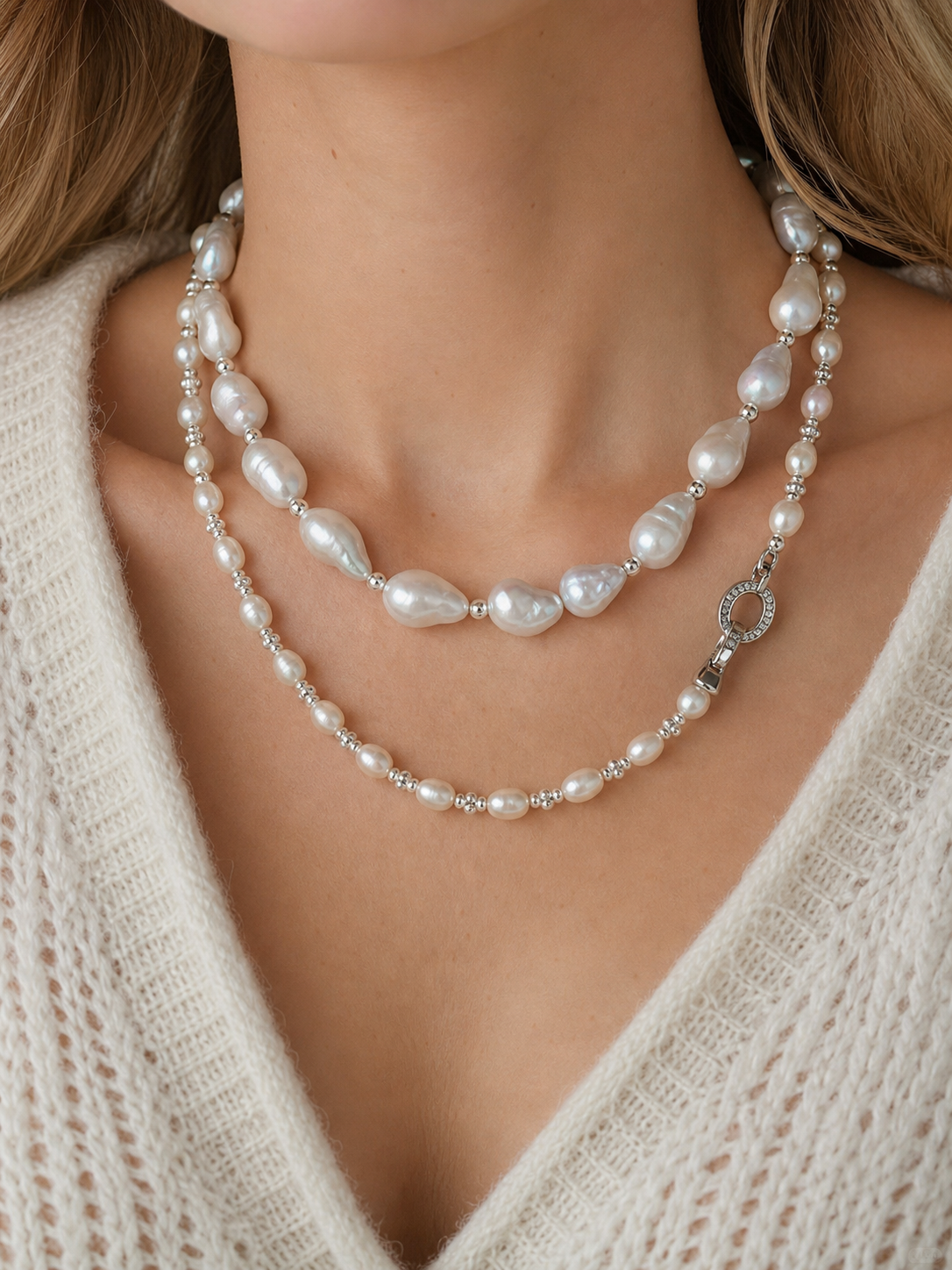 Double-layer white freshwater baroque pearl necklace with mirror-like luster and silver details