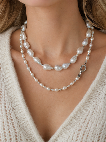 Double-layer white freshwater baroque pearl necklace with mirror-like luster and silver details