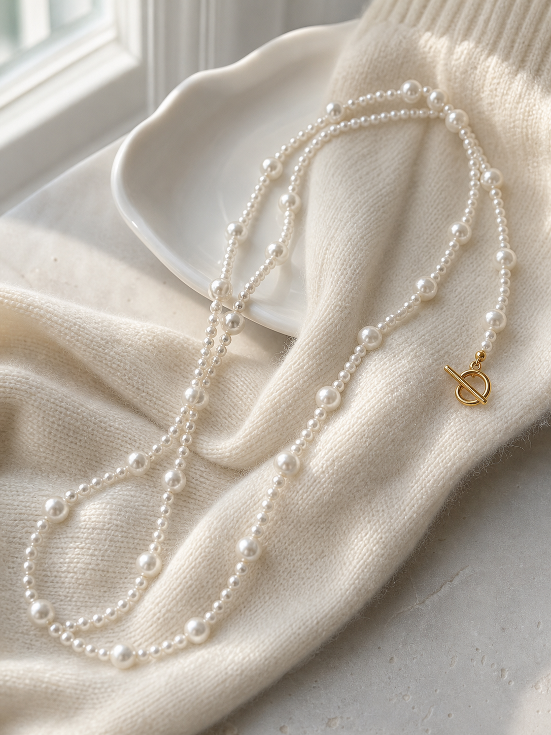 Aurora freshwater pearl sweater necklace featuring white pearls and mirror luster