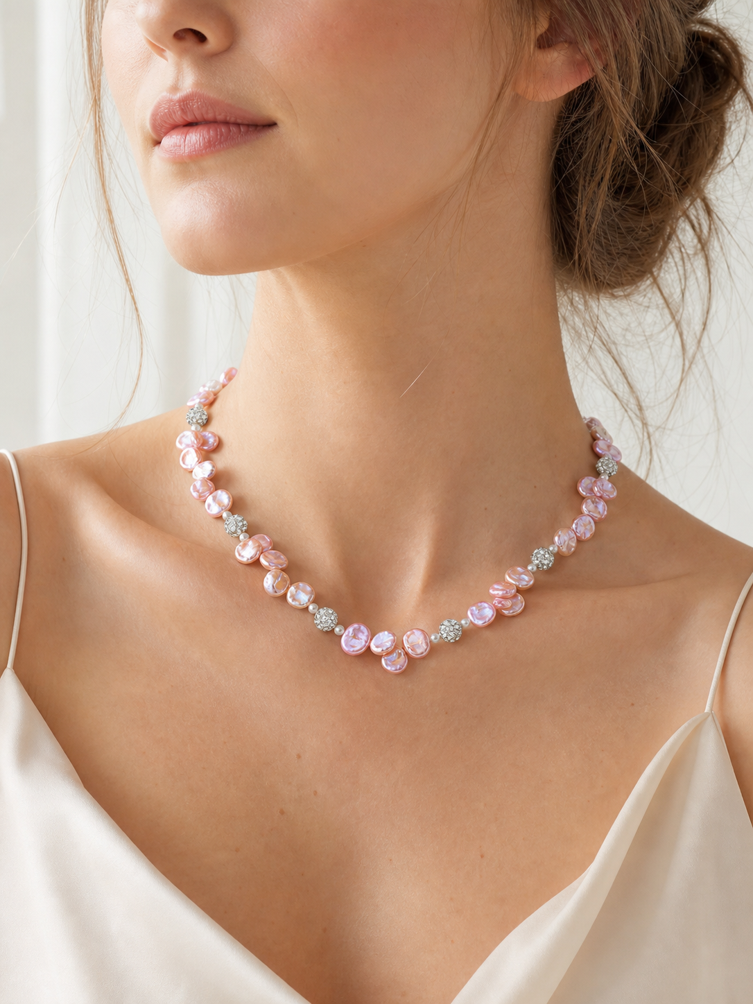 Model wearing pink freshwater baroque pearl necklace with mirror-like luster and natural glow