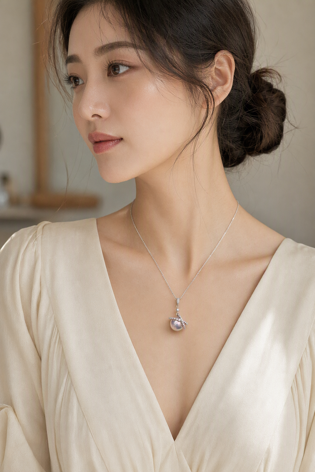 Mirror Luster 11–12 mm Freshwater Pearl necklace at realistic wearing scale
