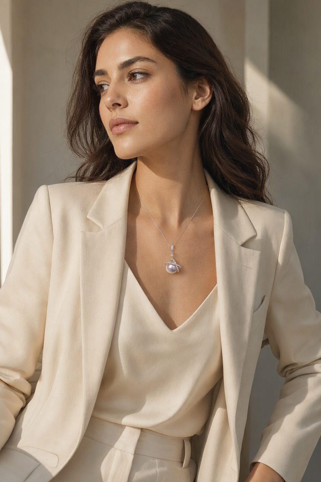 Mirror Luster 11–12 mm Freshwater Pearl necklace in a complete luxury outfit styling context