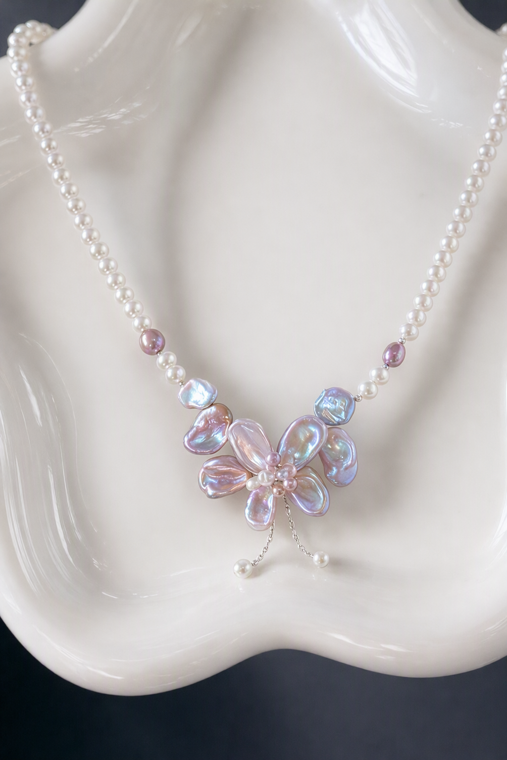 Close-up of 3-12mm Freshwater Pearl necklace showing pearl luster, nacre and craftsmanship detail