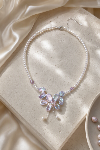 3-12mm Freshwater Pearl necklace in an elegant still-life luxury setting