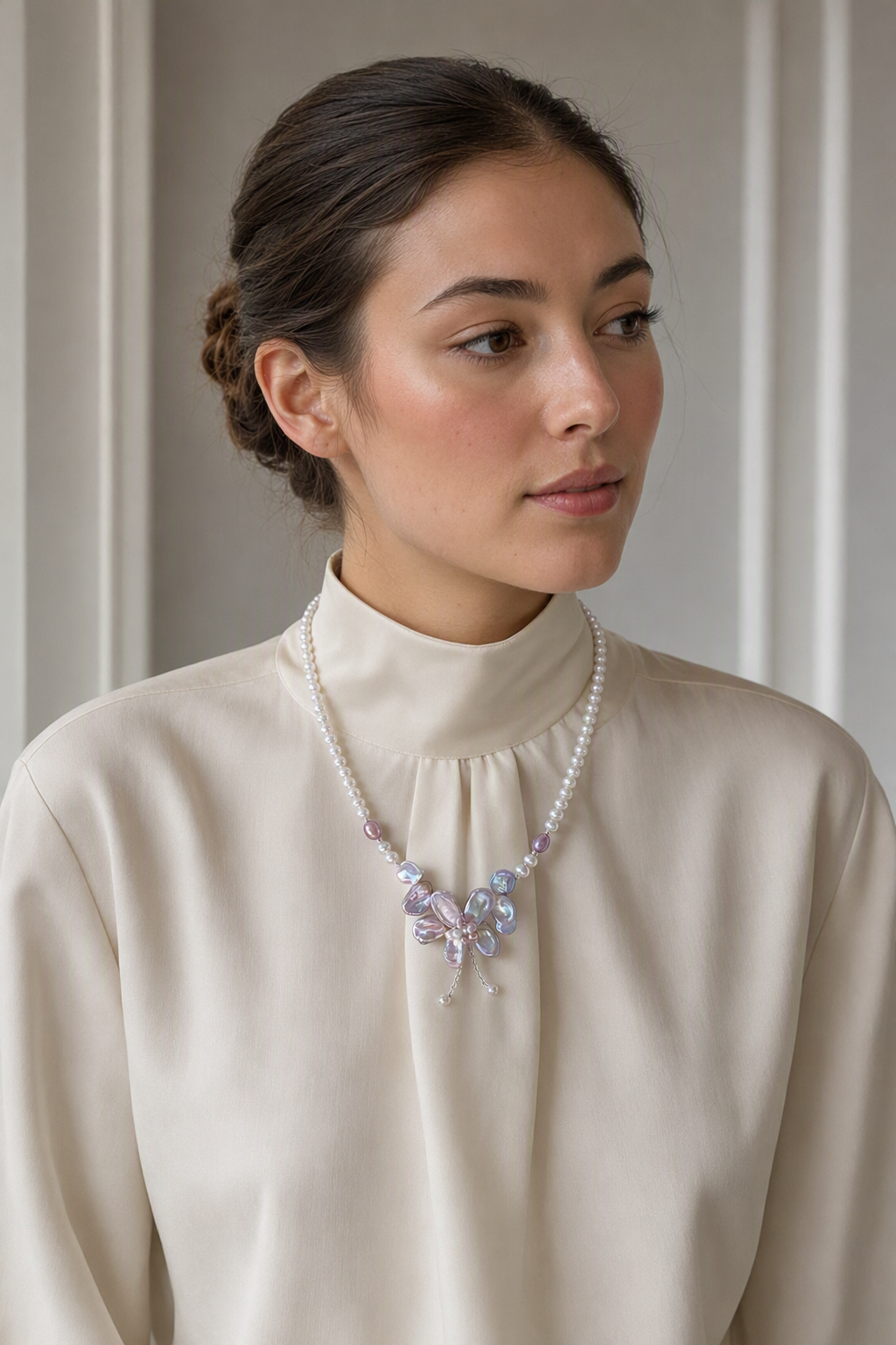 3-12mm Freshwater Pearl necklace in a complete luxury outfit styling context